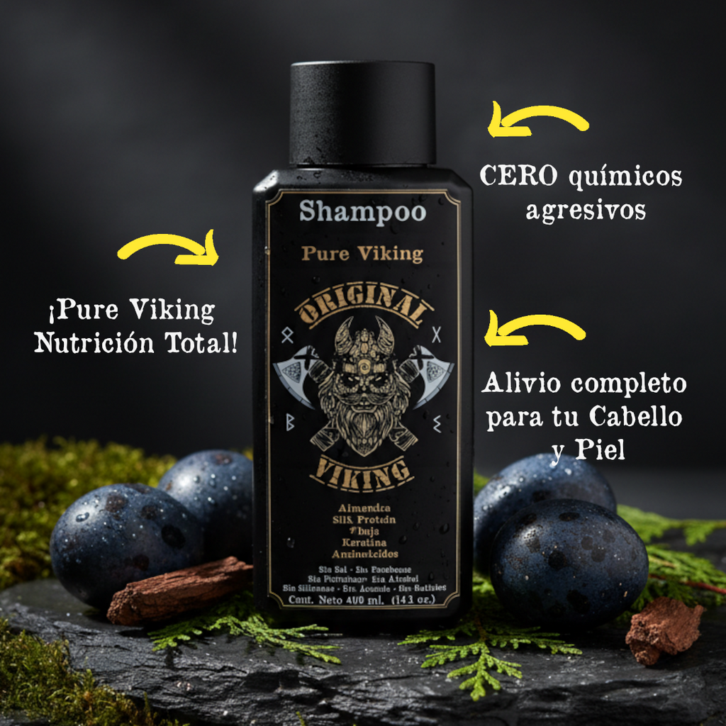 Shampoo Pure Viking. Cuidado Completamente Natural que nutre y protege.