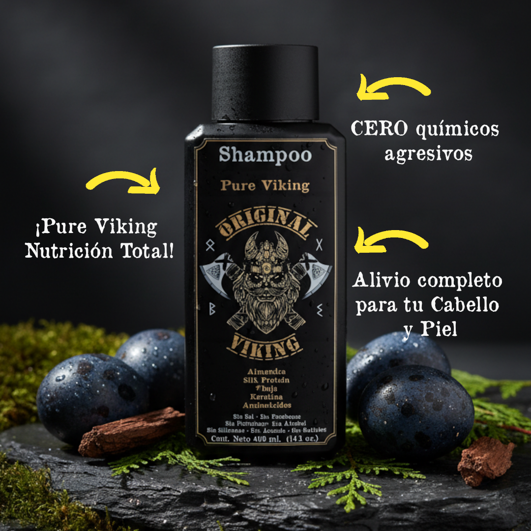 Shampoo Pure Viking. Cuidado Completamente Natural que nutre y protege.