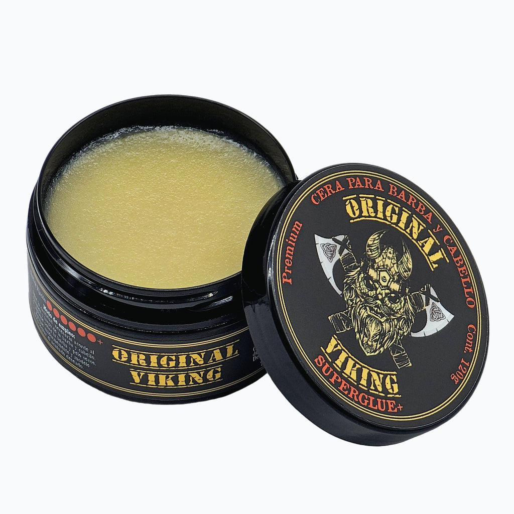 ORIGINAL VIKING Cera Super Glue – Cera Texturizadora Cabello Hombre con Volumen y Definición | Fijación Fuerte Efecto Barbería | Para Cabello y Barba | Natural, Vegano, Sin Parabenos, Aroma Tabaco-Vainilla | 120g