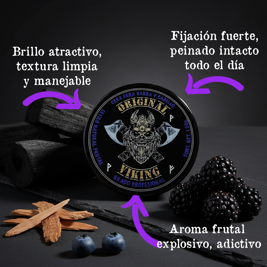 ORIGINAL VIKING Cera Frutal Shock – Cera para Cabello Hombre Fijación Alta, Aroma Seductor de Frutos Rojos | Estilo Natural y Manejable Todo el Día | Para Barba, Bigote y Cabello | Vegano, Sin Parabenos, Aroma de Frutos Rojos | 120g