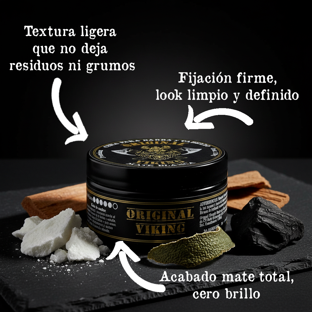 ORIGINAL VIKING Cera Mate Blanca – Cera para Cabello Hombre Efecto Mate Fijación Fuerte Sin Brillo | Look Moderno Todo el Día | Para Cabello, Barba y Bigote | Natural, Vegano, Sin Parabenos | 120g
