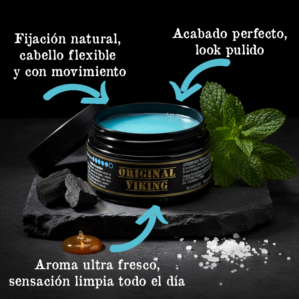 ORIGINAL VIKING Cera Natural Super Fresca – Cera para Cabello Hombre Fijación Fuerte con Aroma Refrescante | Efecto Natural o Húmedo según tu estilo | Para Barba, Bigote y Cabello | Vegano, Sin Parabenos | 120g