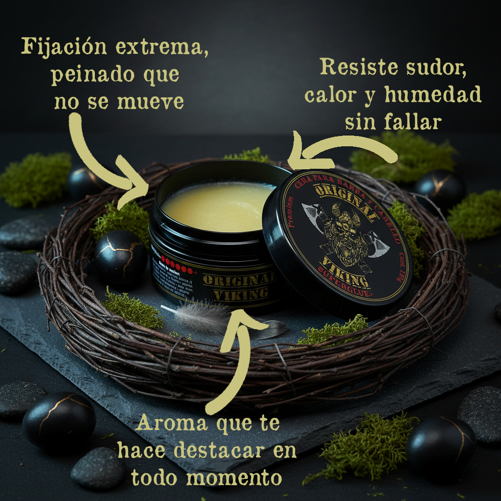 ORIGINAL VIKING Cera Super Glue – Cera Texturizadora Cabello Hombre con Volumen y Definición | Fijación Fuerte Efecto Barbería | Para Cabello y Barba | Natural, Vegano, Sin Parabenos, Aroma Tabaco-Vainilla | 120g