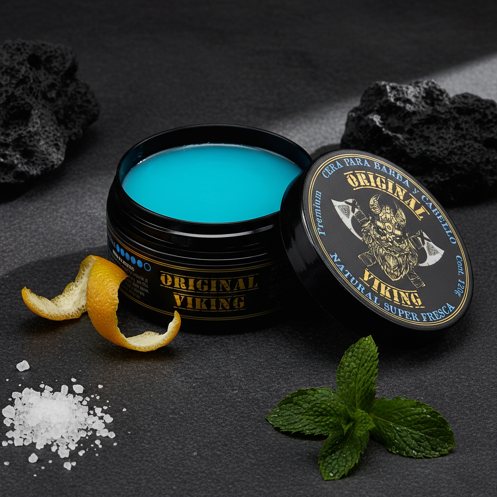 ORIGINAL VIKING Cera Natural Super Fresca – Cera para Cabello Hombre Fijación Fuerte con Aroma Refrescante | Efecto Natural o Húmedo según tu estilo | Para Barba, Bigote y Cabello | Vegano, Sin Parabenos | 120g
